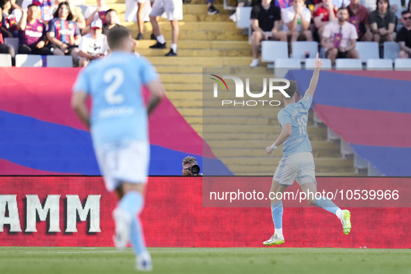 Jorgen Strand Larsen centre-forward of Celta de Vigo and Norway celebrates after scoring his sides first goal during the LaLiga EA Sports ma...