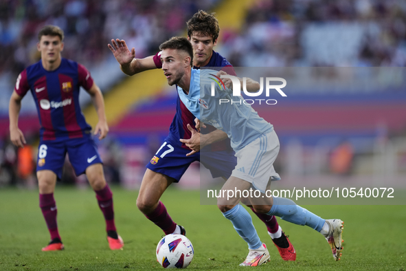 Oscar Mingueza right-back of Celta de Vigo and Spain and Marcos Alonso left-back of Barcelona and Spaincompete for the ball during the LaLig...