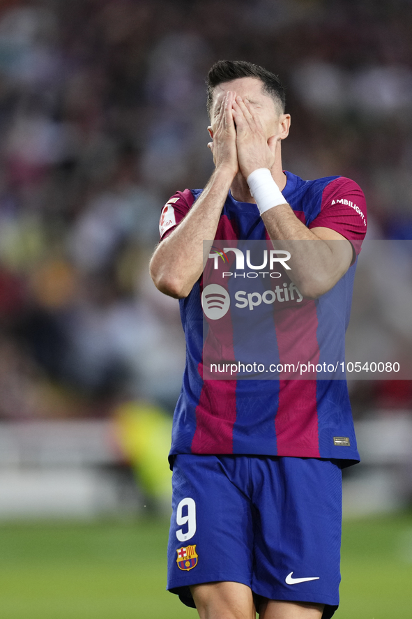 Robert Lewandowski centre-forward of Barcelona and Poland lament a failed occasion during the LaLiga EA Sports match between FC Barcelona an...