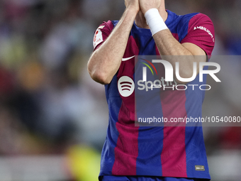 Robert Lewandowski centre-forward of Barcelona and Poland lament a failed occasion during the LaLiga EA Sports match between FC Barcelona an...