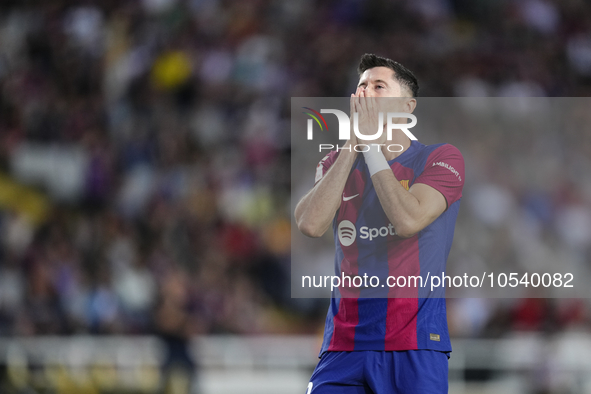 Robert Lewandowski centre-forward of Barcelona and Poland lament a failed occasion during the LaLiga EA Sports match between FC Barcelona an...