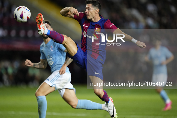 Robert Lewandowski centre-forward of Barcelona and Poland shooting to goal during the LaLiga EA Sports match between FC Barcelona and Celta...