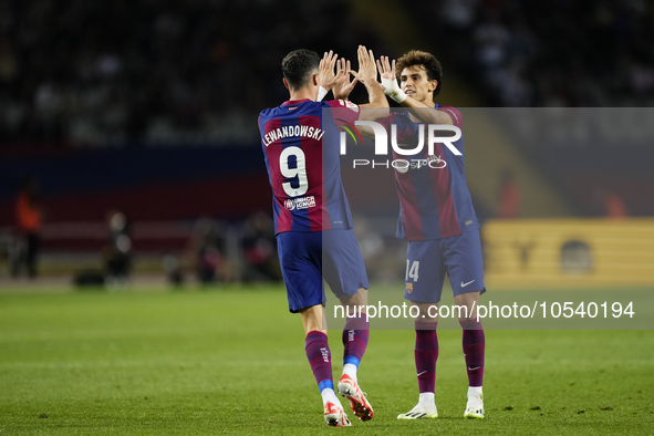 Robert Lewandowski centre-forward of Barcelona and Poland celebrates after scoring his sides first goal during the LaLiga EA Sports match be...