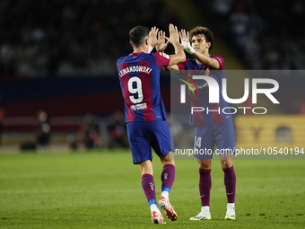 Robert Lewandowski centre-forward of Barcelona and Poland celebrates after scoring his sides first goal during the LaLiga EA Sports match be...