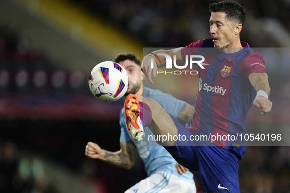 Robert Lewandowski centre-forward of Barcelona and Poland shooting to goal during the LaLiga EA Sports match between FC Barcelona and Celta...