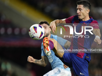 Robert Lewandowski centre-forward of Barcelona and Poland shooting to goal during the LaLiga EA Sports match between FC Barcelona and Celta...