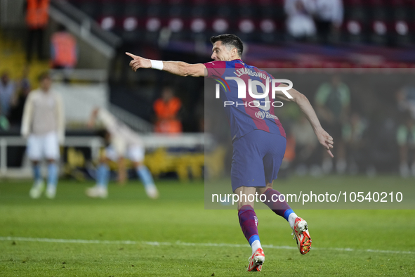 Robert Lewandowski centre-forward of Barcelona and Poland celebrates after scoring his sides second goal during the LaLiga EA Sports match b...