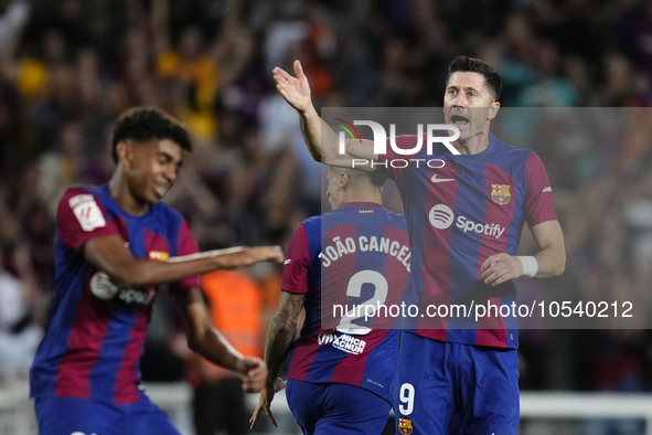 Robert Lewandowski centre-forward of Barcelona and Poland celebrates after scoring his sides second goal during the LaLiga EA Sports match b...