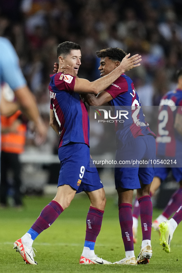 Robert Lewandowski centre-forward of Barcelona and Poland celebrates after scoring his sides second goal during the LaLiga EA Sports match b...