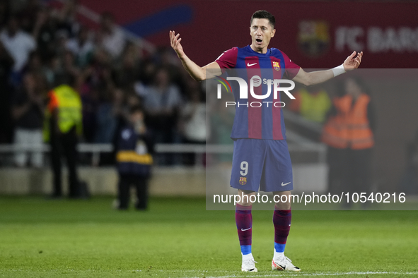 Robert Lewandowski centre-forward of Barcelona and Poland celebrates after scoring his sides second goal during the LaLiga EA Sports match b...