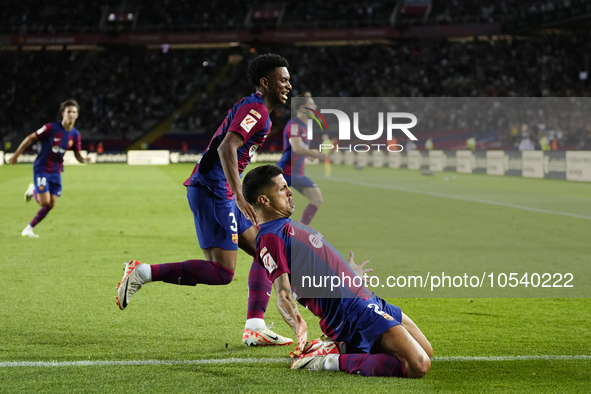 Joao Cancelo right-back of Barcelona and Portugal celebrates after scoring his sides first goal during the LaLiga EA Sports match between FC...