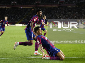 Joao Cancelo right-back of Barcelona and Portugal celebrates after scoring his sides first goal during the LaLiga EA Sports match between FC...