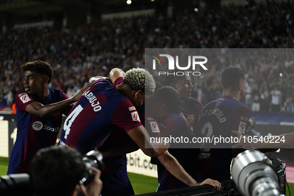 Joao Cancelo right-back of Barcelona and Portugal celebrates after scoring his sides first goal during the LaLiga EA Sports match between FC...