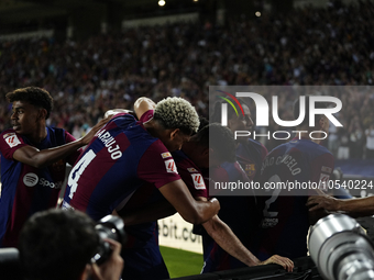 Joao Cancelo right-back of Barcelona and Portugal celebrates after scoring his sides first goal during the LaLiga EA Sports match between FC...