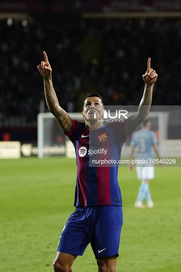 Joao Cancelo right-back of Barcelona and Portugal celebrates after scoring his sides first goal during the LaLiga EA Sports match between FC...