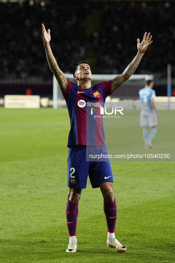 Joao Cancelo right-back of Barcelona and Portugal celebrates after scoring his sides first goal during the LaLiga EA Sports match between FC...