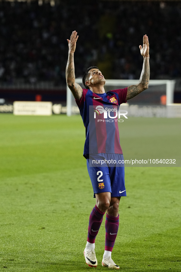 Joao Cancelo right-back of Barcelona and Portugal celebrates after scoring his sides first goal during the LaLiga EA Sports match between FC...