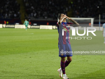 Joao Cancelo right-back of Barcelona and Portugal celebrates after scoring his sides first goal during the LaLiga EA Sports match between FC...