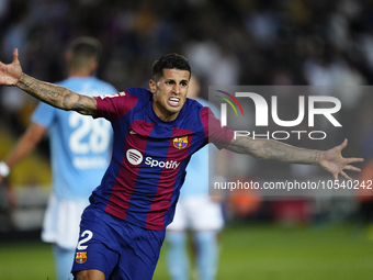 Joao Cancelo right-back of Barcelona and Portugal celebrates after scoring his sides first goal during the LaLiga EA Sports match between FC...