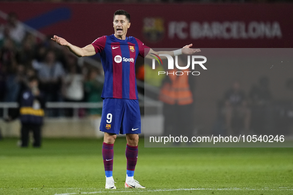 Robert Lewandowski centre-forward of Barcelona and Poland celebrates after scoring his sides second goal during the LaLiga EA Sports match b...