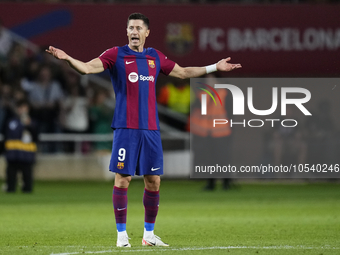 Robert Lewandowski centre-forward of Barcelona and Poland celebrates after scoring his sides second goal during the LaLiga EA Sports match b...