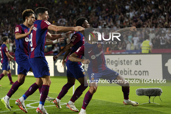 Joao Cancelo right-back of Barcelona and Portugal celebrates after scoring his sides first goal during the LaLiga EA Sports match between FC...