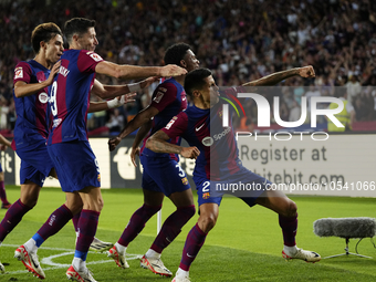 Joao Cancelo right-back of Barcelona and Portugal celebrates after scoring his sides first goal during the LaLiga EA Sports match between FC...