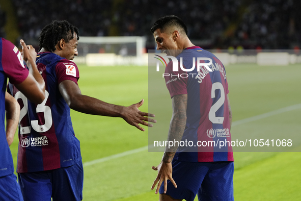 Joao Cancelo right-back of Barcelona and Portugal celebrates after scoring his sides first goal during the LaLiga EA Sports match between FC...