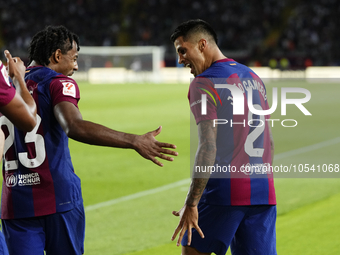 Joao Cancelo right-back of Barcelona and Portugal celebrates after scoring his sides first goal during the LaLiga EA Sports match between FC...