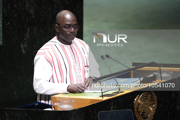 Bassolma Bazie Minister of State of Burkina Faso speaks at the United Nations Headquarters during the the 78th General Assembly (UNGA) on Se...