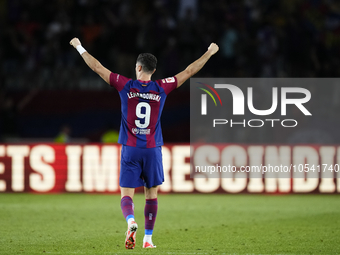 Robert Lewandowski centre-forward of Barcelona and Poland celebrates victory after the LaLiga EA Sports match between FC Barcelona and Celta...