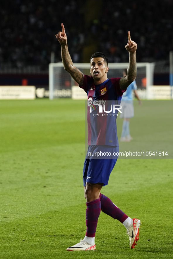 Joao Cancelo right-back of Barcelona and Portugal celebrates after scoring his sides first goal during the LaLiga EA Sports match between FC...