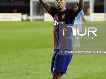 Joao Cancelo right-back of Barcelona and Portugal celebrates after scoring his sides first goal during the LaLiga EA Sports match between FC...