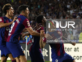 Joao Cancelo right-back of Barcelona and Portugal celebrates after scoring his sides first goal during the LaLiga EA Sports match between FC...