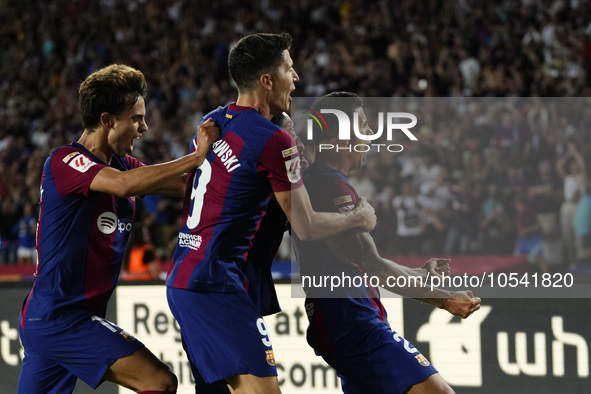 Joao Cancelo right-back of Barcelona and Portugal celebrates after scoring his sides first goal during the LaLiga EA Sports match between FC...