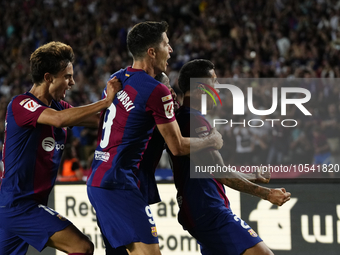 Joao Cancelo right-back of Barcelona and Portugal celebrates after scoring his sides first goal during the LaLiga EA Sports match between FC...