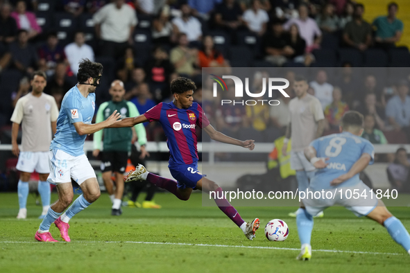 Lamine Yamal right winger of Barcelona and Spain does passed during the LaLiga EA Sports match between FC Barcelona and Celta Vigo at Estadi...