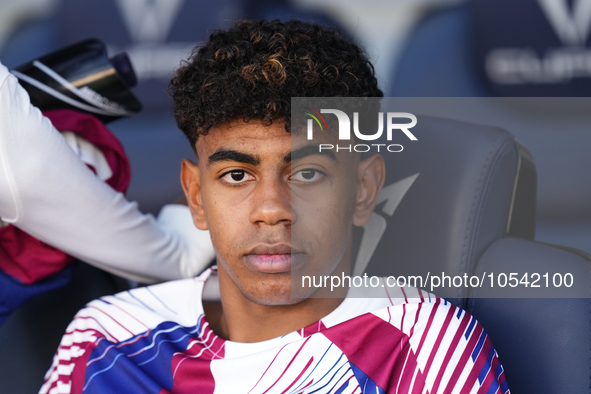 Lamine Yamal right winger of Barcelona and Spain sitting on the bench prior the LaLiga EA Sports match between FC Barcelona and Celta Vigo a...