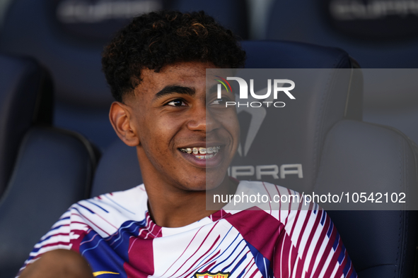 Lamine Yamal right winger of Barcelona and Spain sitting on the bench prior the LaLiga EA Sports match between FC Barcelona and Celta Vigo a...