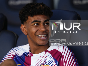 Lamine Yamal right winger of Barcelona and Spain sitting on the bench prior the LaLiga EA Sports match between FC Barcelona and Celta Vigo a...