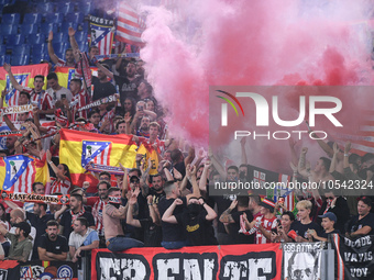 Supporters of Atletico de Madrid during the UEFA Champions League Group E match between SS Lazio v Atletico de Madrid at Stadio Olimpico Rom...