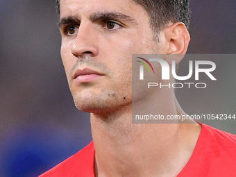 Alvaro Morata of Atletico de Madrid looks on during the UEFA Champions League Group E match between SS Lazio v Atletico de Madrid at Stadio...