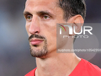 Stefan Savic of Atletico de Madrid looks on during the UEFA Champions League Group E match between SS Lazio v Atletico de Madrid at Stadio O...