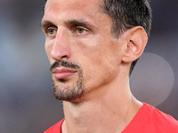 Stefan Savic of Atletico de Madrid looks on during the UEFA Champions League Group E match between SS Lazio v Atletico de Madrid at Stadio O...