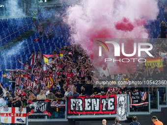 Supporters of Atletico de Madrid during the UEFA Champions League Group E match between SS Lazio v Atletico de Madrid at Stadio Olimpico Rom...