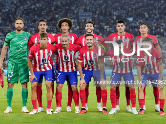 Atletico de Madrid line up during the UEFA Champions League Group E match between SS Lazio v Atletico de Madrid at Stadio Olimpico Roma on S...