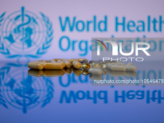 World Health Organization (WHO) displayed on screen with pharmacy close-up of various pills. Seen in this photo illustration, in Brussels, B...