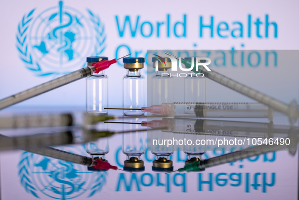 World Health Organization (WHO) displayed on screen with pharmacy medical syringe and vaccine vial. Seen in this photo illustration, in Brus...