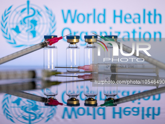 World Health Organization (WHO) displayed on screen with pharmacy medical syringe and vaccine vial. Seen in this photo illustration, in Brus...