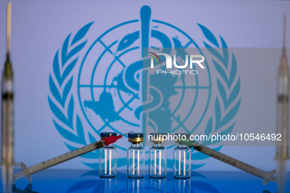 World Health Organization (WHO) displayed on screen with pharmacy medical syringe and vaccine vial. Seen in this photo illustration, in Brus...